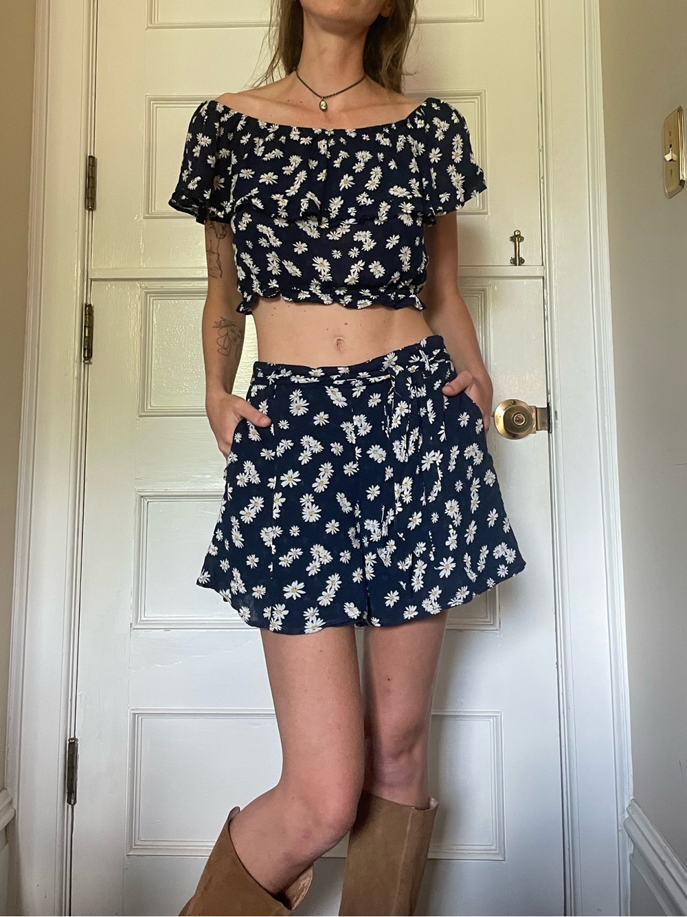 Navy Floral Shorts and Crop Top Set
